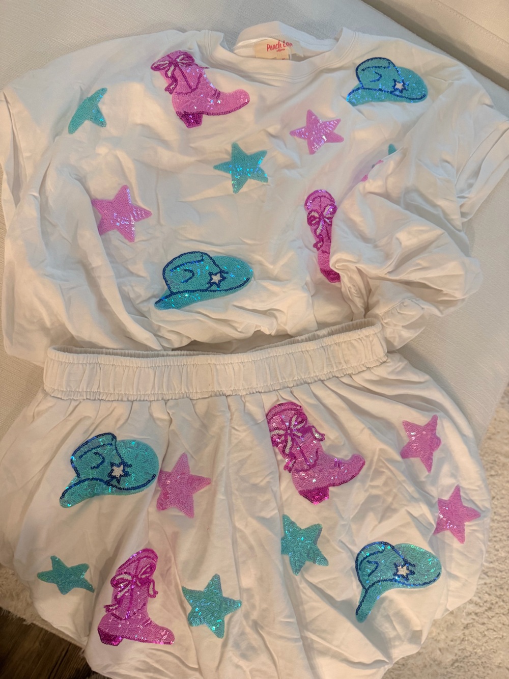 Peach Love California White Set with Teal, Pink & Purple Sequin Patches